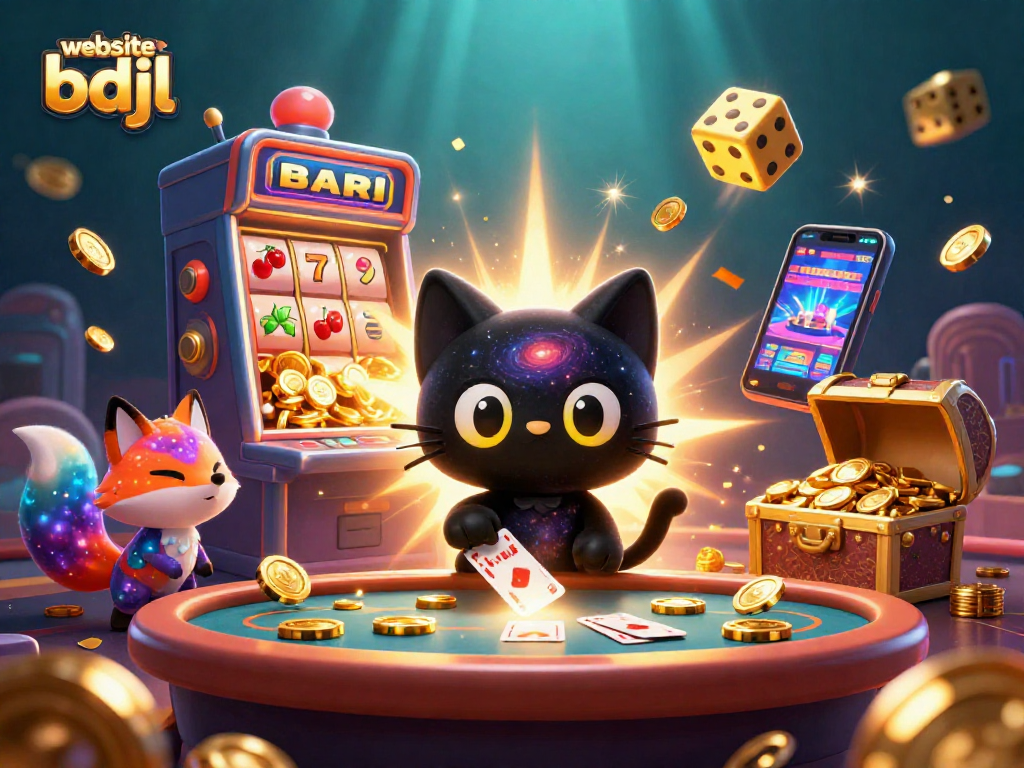 Engage with exciting games at website bdjl, featuring vibrant 3D illustration of cosmic gambling and adventures.