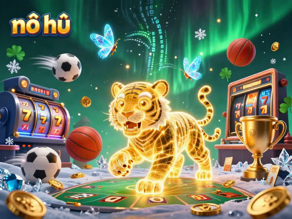 Experience dynamic nổ hũ action with a vibrant casino landscape, featuring a golden tiger and flying slot reels.