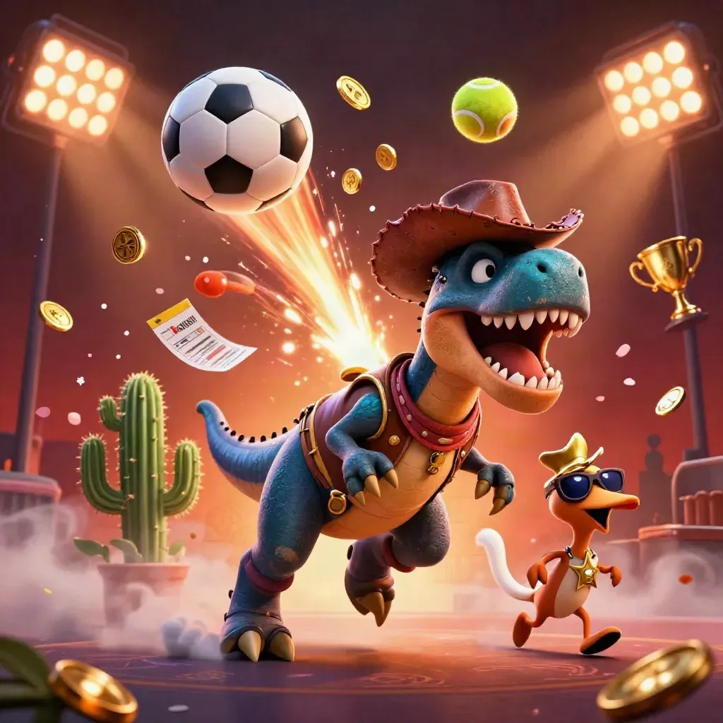 Cowboy T-Rex, cactus sidekick, and roadrunner blast through casino sports chaos with balls and coins.