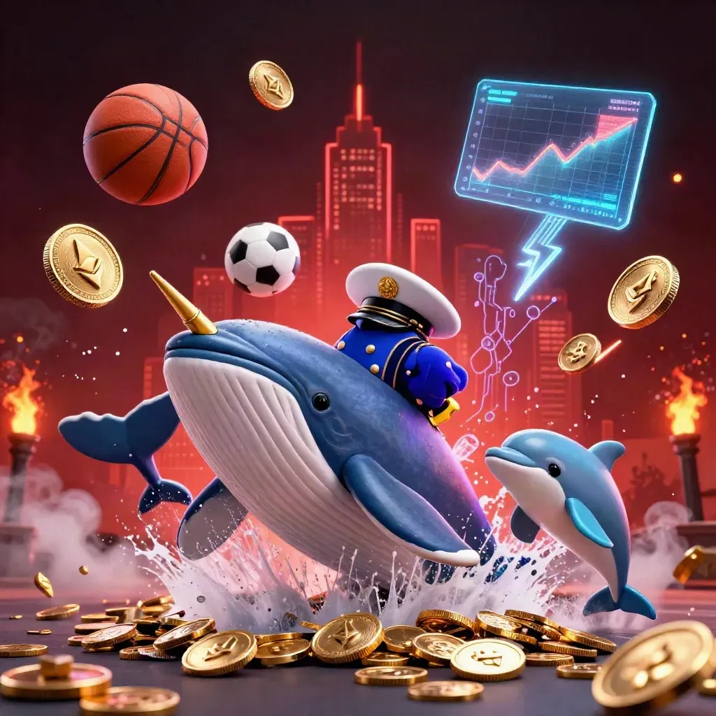 Whale captain, narwhal and dolphins burst through coins with balls, neon crypto effects and dark city glow