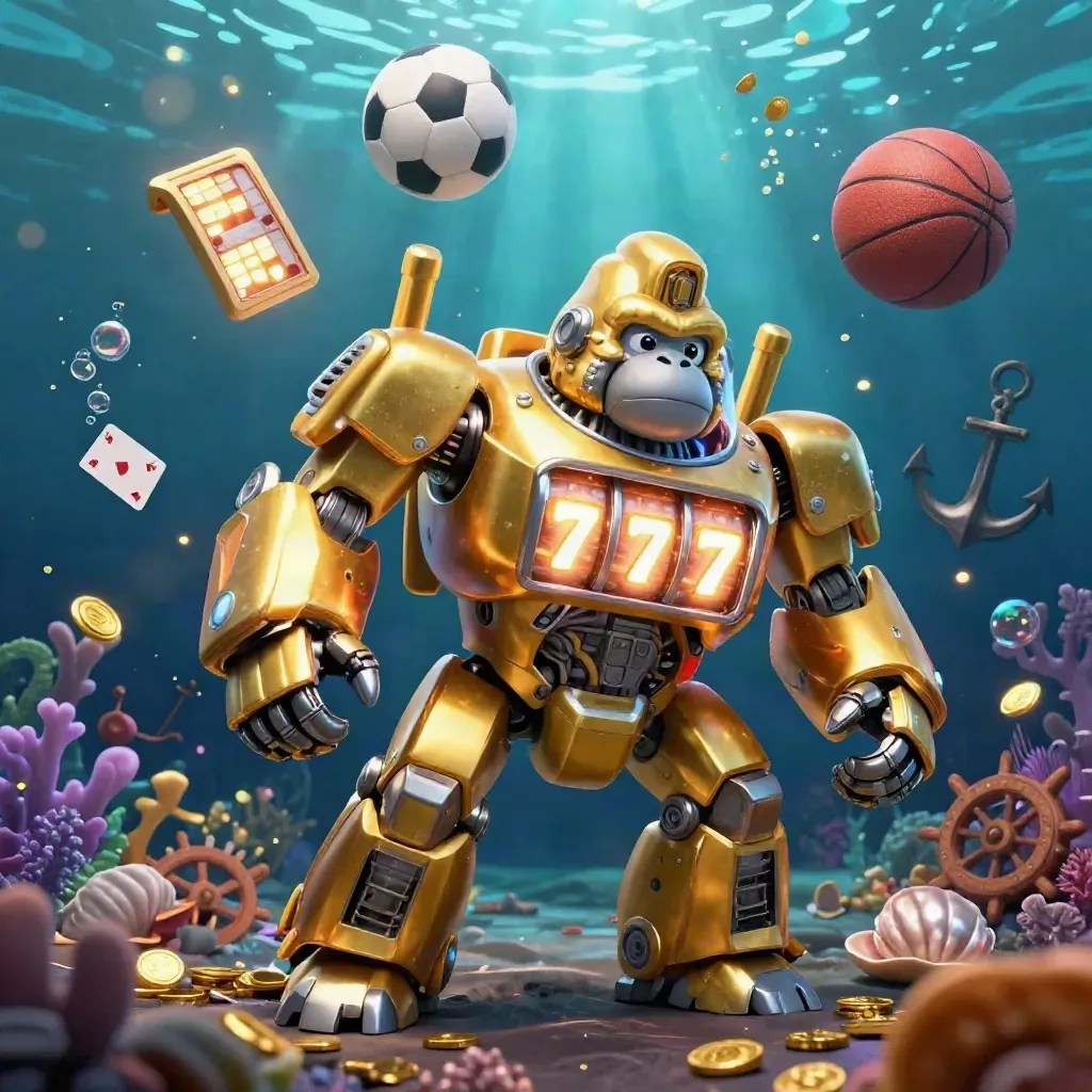 Golden gorilla slot mech with coins, cards, balls and coral in neon underwater light