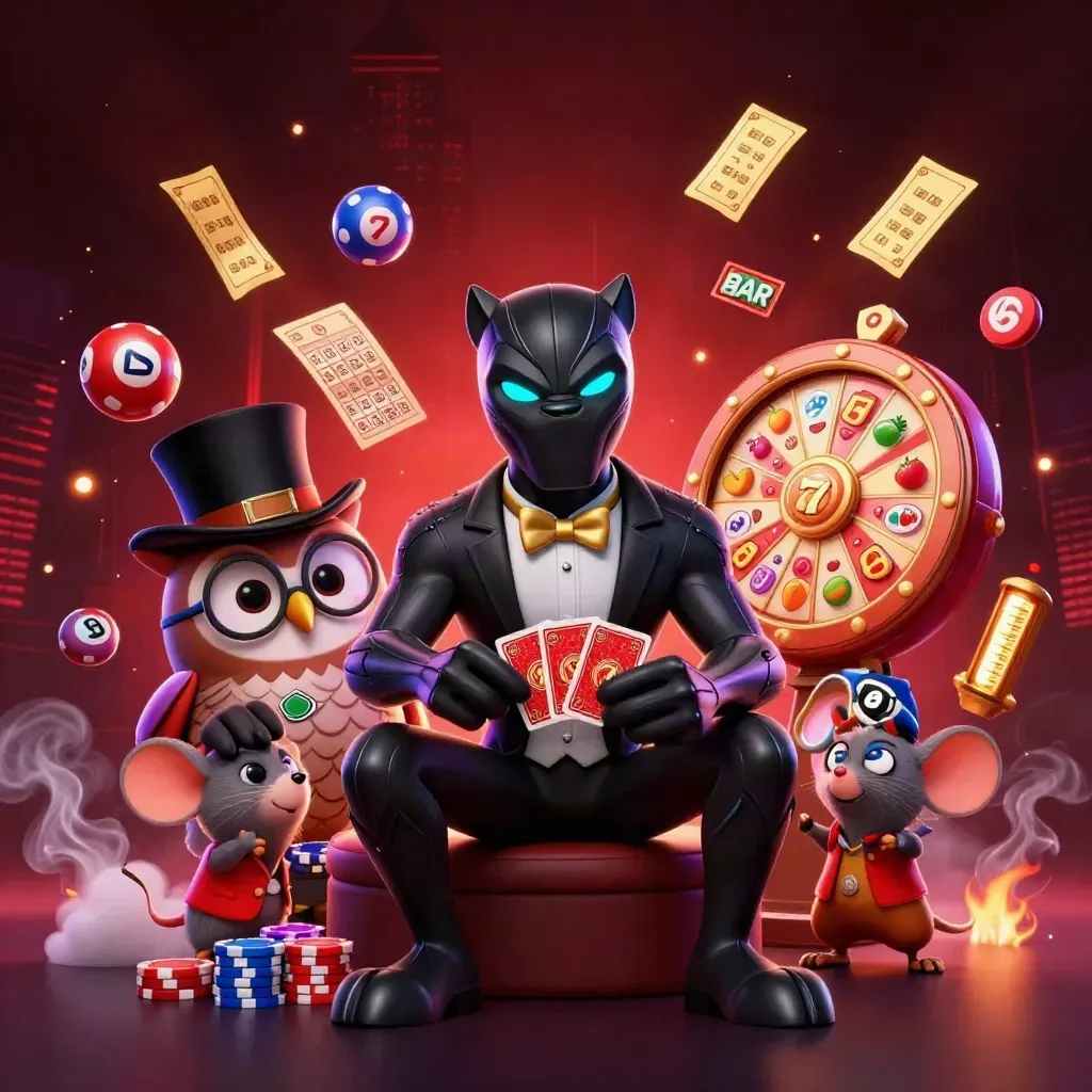 Panther, owl, and mouse casino heroes amid glowing reels, tickets, balls, and treasure