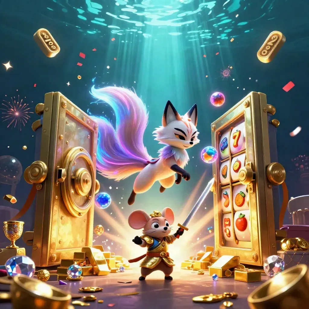 Neon fox spirit and samurai mouse opening a treasure vault amid gold, gems, and sea-light