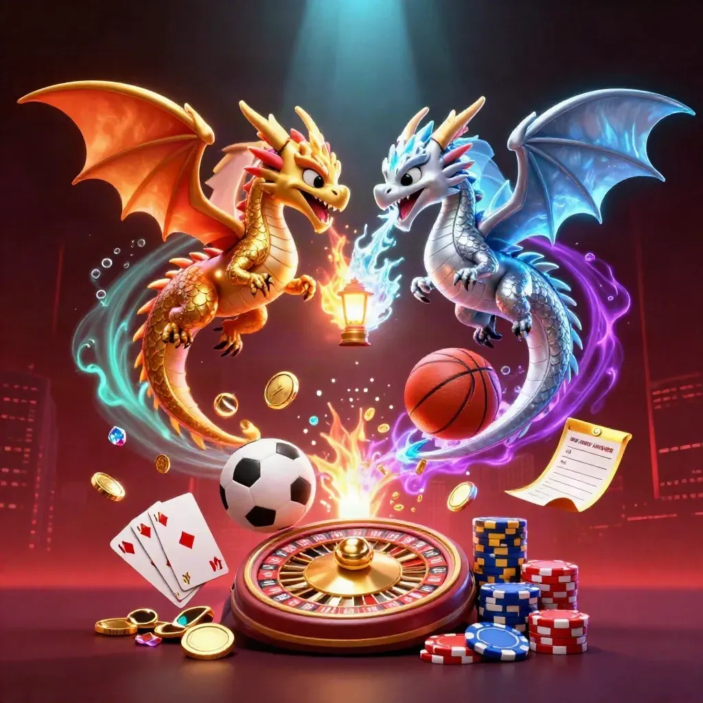 Twin neon dragons clash above flying casino icons and a glowing city skyline.