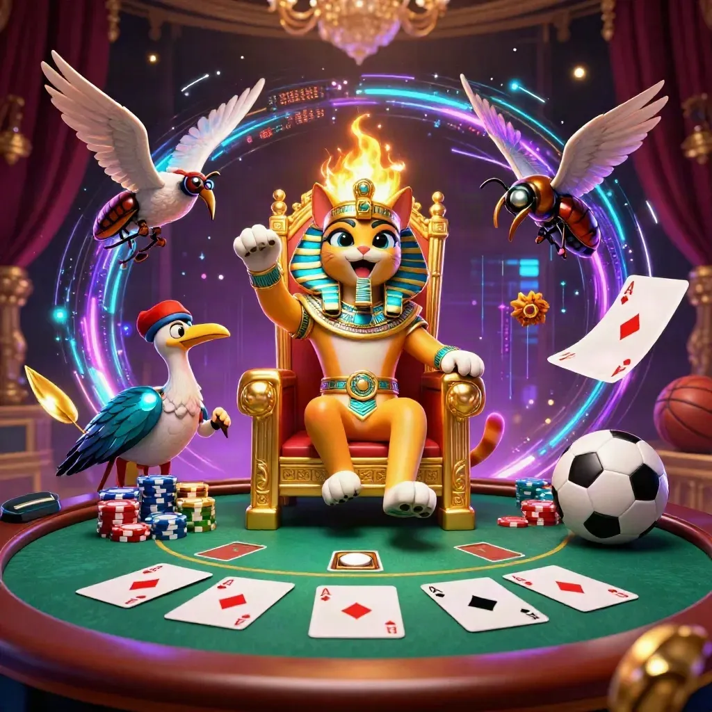 Pharaoh cat and ibis on a golden throne amid chips, cards, balls, sparks, and neon casino lights.