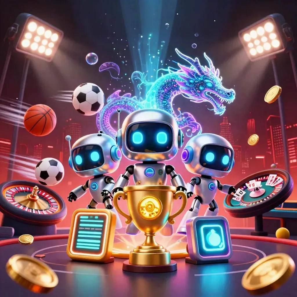Chrome robot, holographic dragon, and drone amid casino-lit sports balls and gold coins