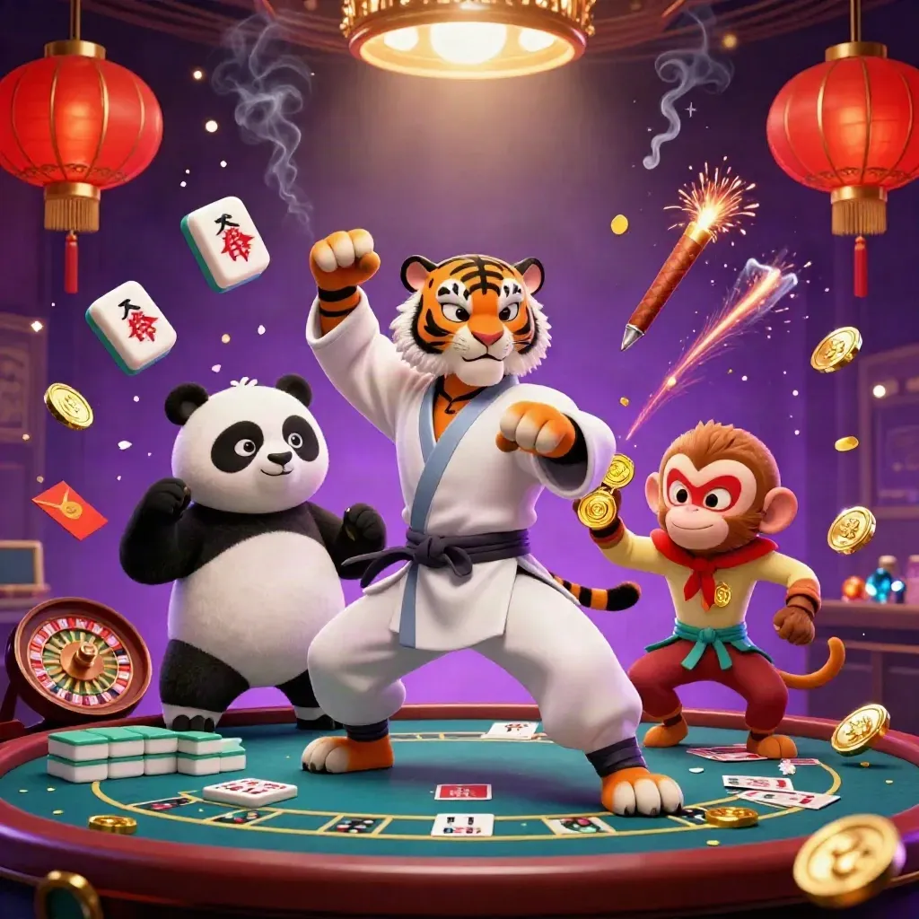 Kung-fu tiger, panda, and monkey in a neon casino scene with lanterns, coins, and cards.