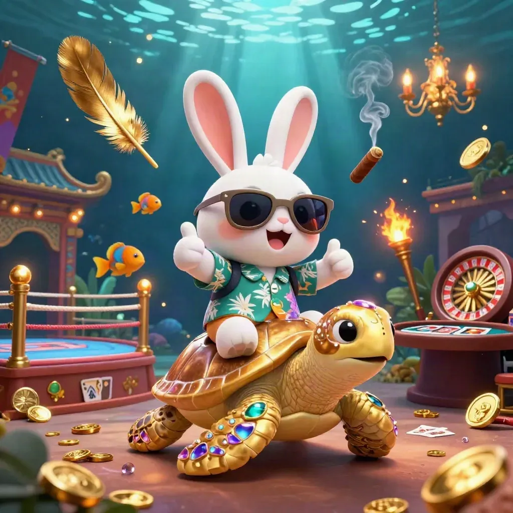 Lucky rabbit on golden sea turtle amid casino relics, teal underwater rays and gold glow