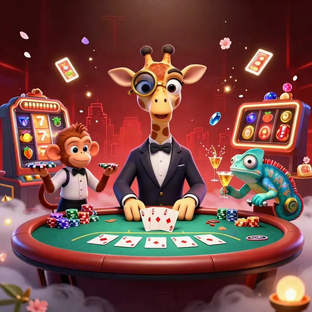 Giraffe, monkey valet, and chameleon at a glowing casino poker table with chips and slot symbols.
