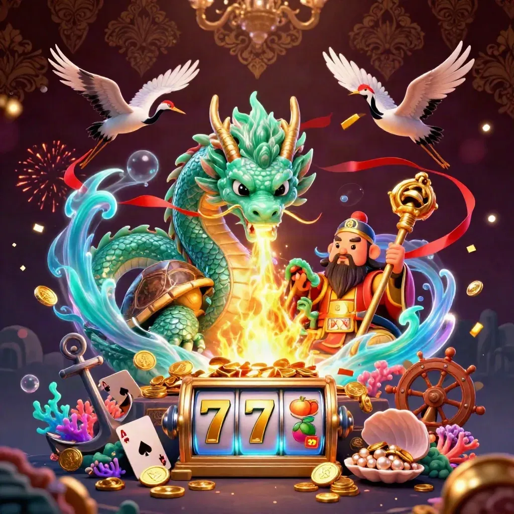 Jade dragon, turtle sage, and cranes in a glowing treasure cove with coins, coral, and casino glyphs.