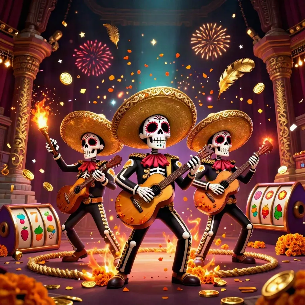 Day-of-the-Dead skeleton mariachi trio amid casino relics, sparks, gold, and neon glow.