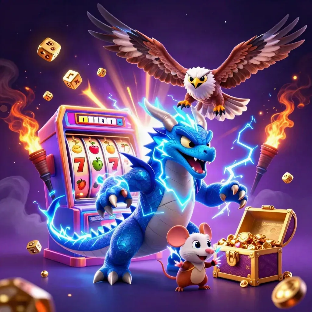Thunder dragon, wind hawk, and static mouse explode amid slot sparks, gold, and neon aqua glow.