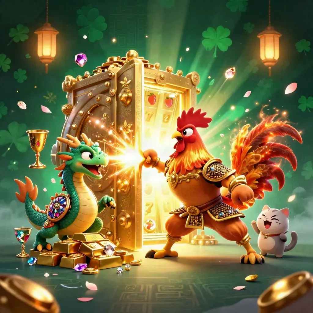 Rooster warrior, dragon hatchling, and fortune cat amid a treasure vault explosion