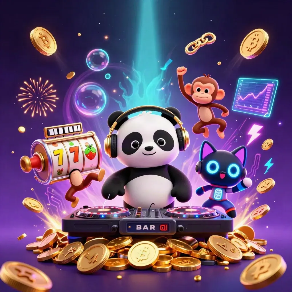 DJ panda, breakdancing monkey, and glow-stick kitten amid casino coins, lightning, and fireworks