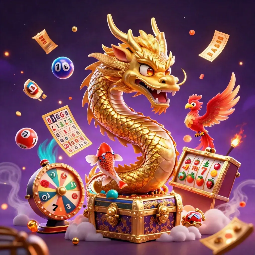 Golden dragon, phoenix, koi and casino game bursts in neon treasure key art.