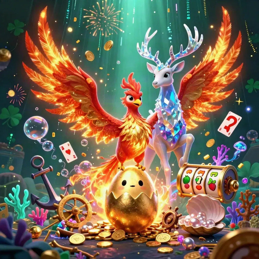 Phoenix, baby phoenix, and crystal stag amid coin cascades, treasure cove glow, and casino neon.