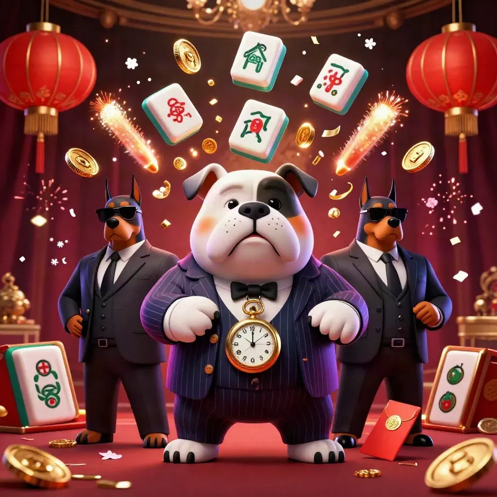 Cartoon bulldog boss and Doberman guards amid casino gold, fireworks, and slot symbols.