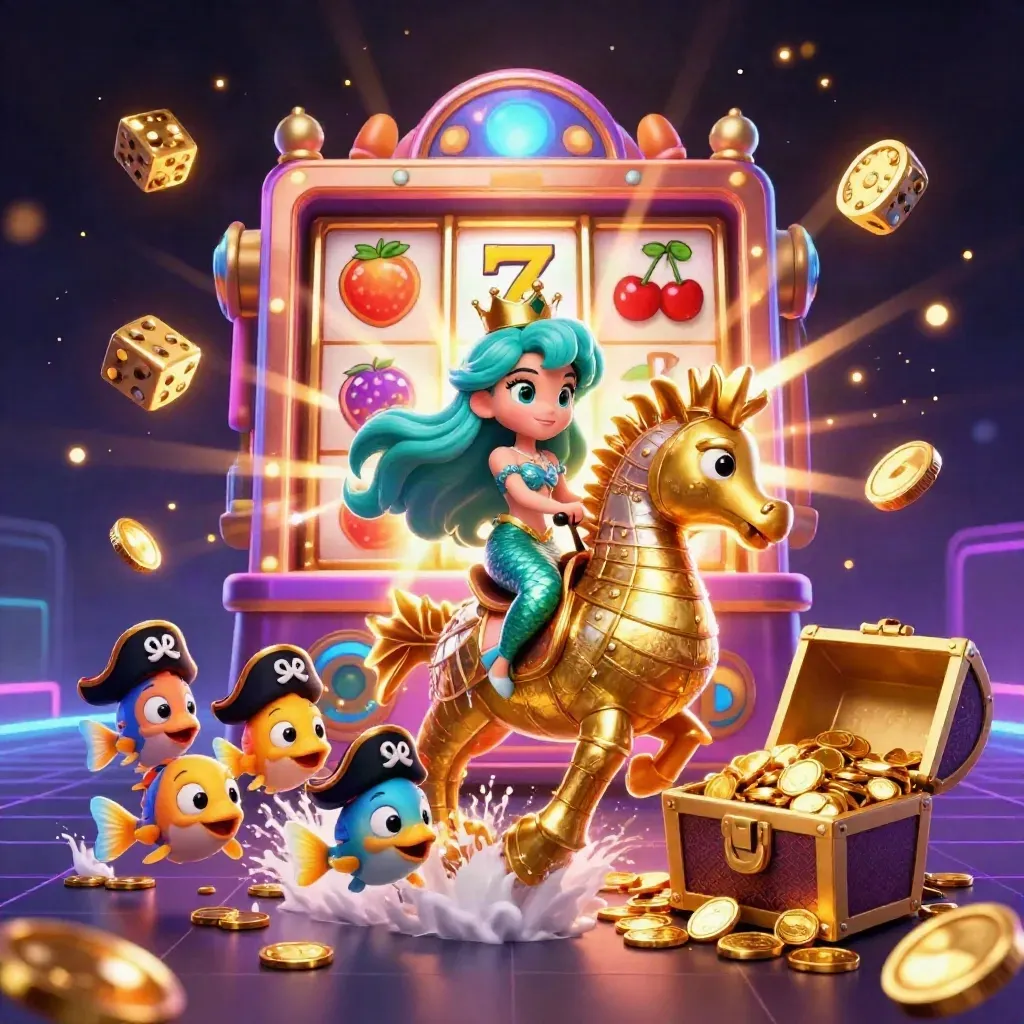 Mermaid princess on a golden seahorse with pirate fish, slot machine burst, coins, fireworks, neon casino glow.