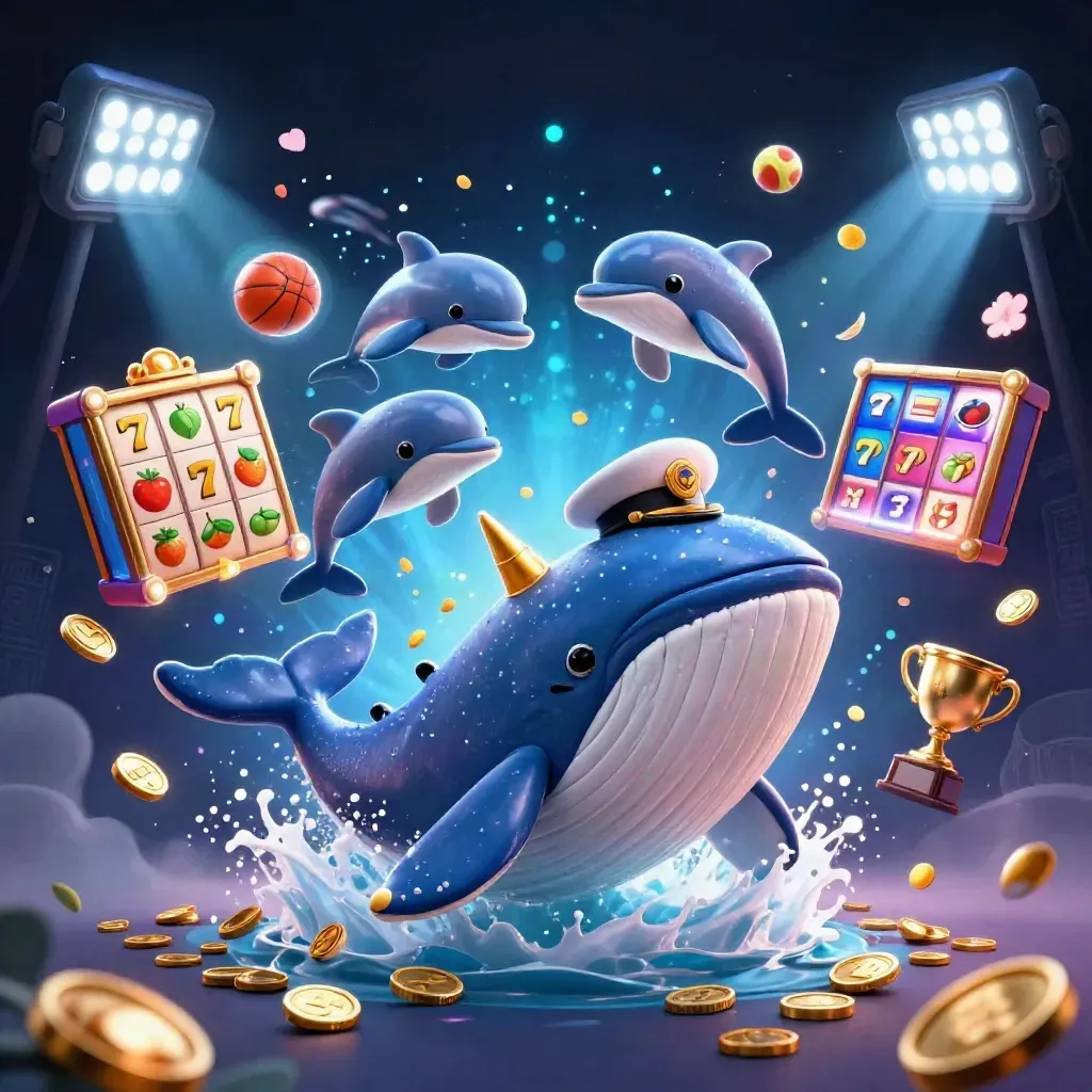 Captain whale, narwhal, and dolphins burst from gold coins with neon slot effects.