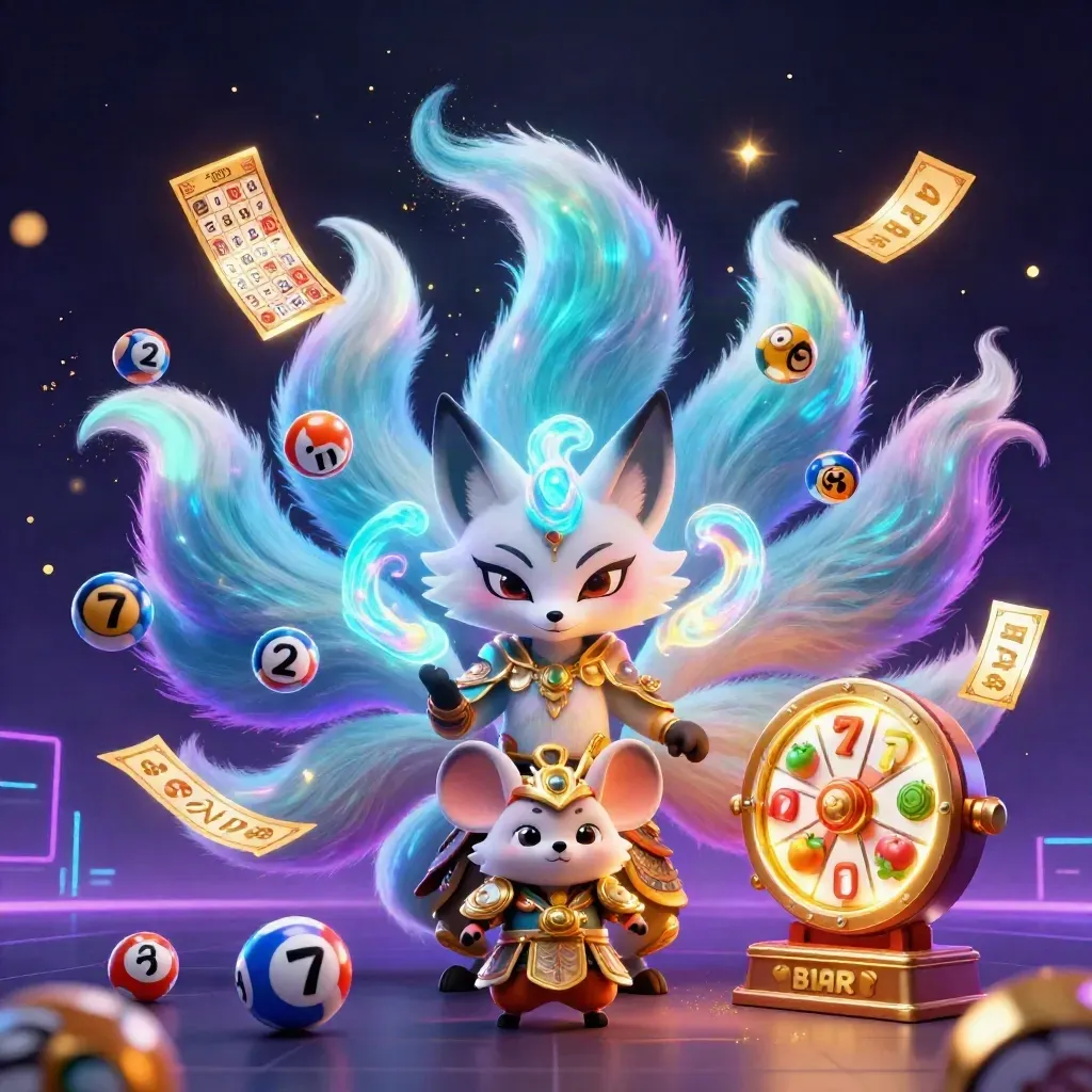 Neon nine-tailed fox spirit with gold-armored mouse and casino symbols in a dark glow