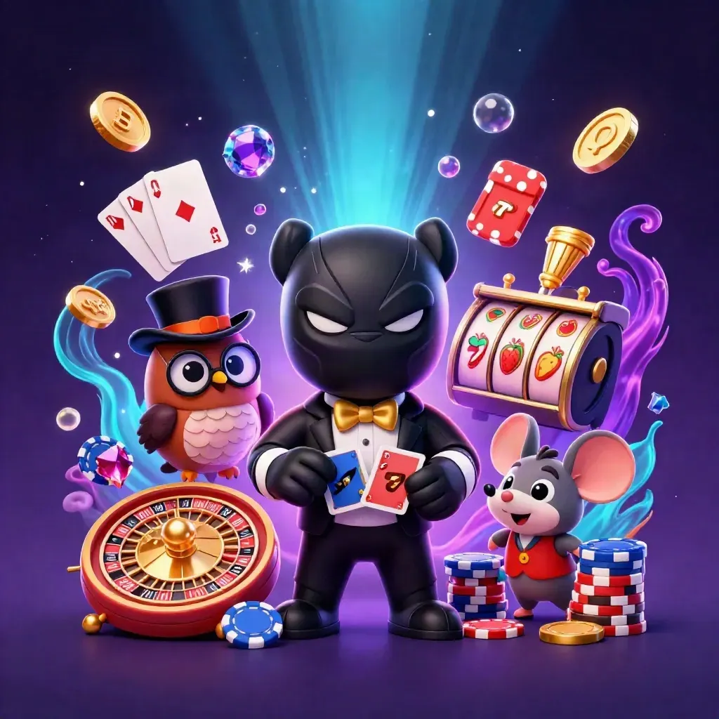 Panther, owl, and mouse amid casino chips, cards, reels, coins, and neon glow.
