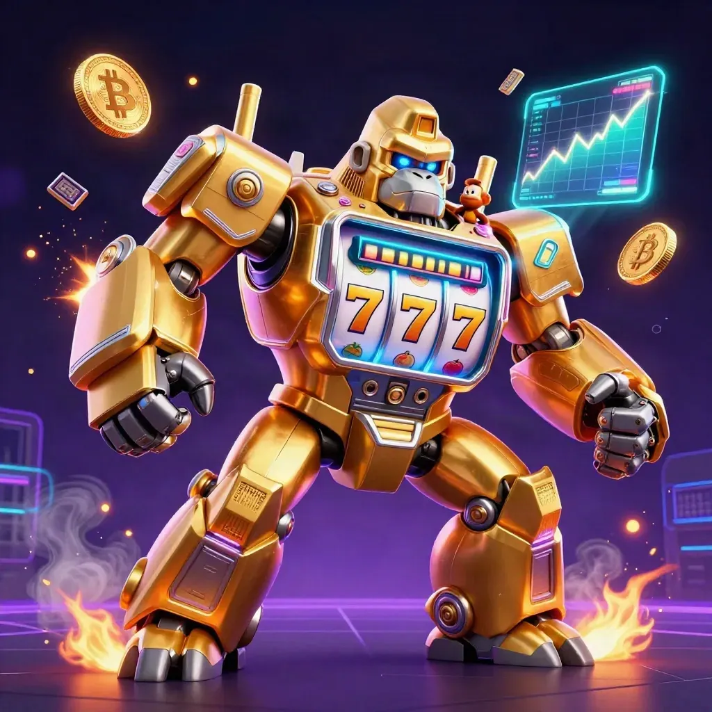 Golden gorilla slot-mech with monkey pilot, glowing coins, lightning, and neon grid on dark background.