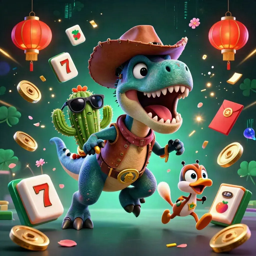 Cowboy T-Rex, cactus sidekick and roadrunner amid casino bursts and neon glow.