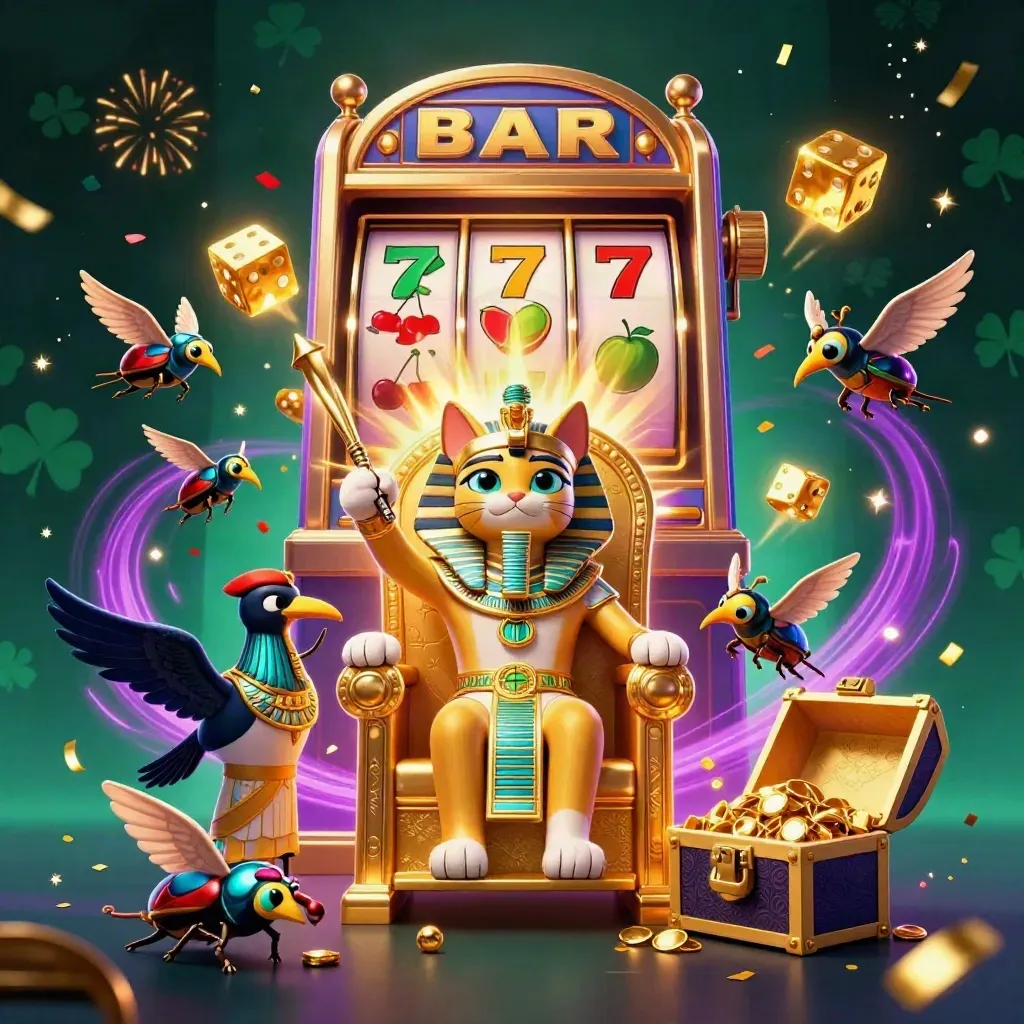Pharaoh cat, ibis scribe, and gem-wing scarabs amid jackpot slot bursts and gold on a dark neon casino background.