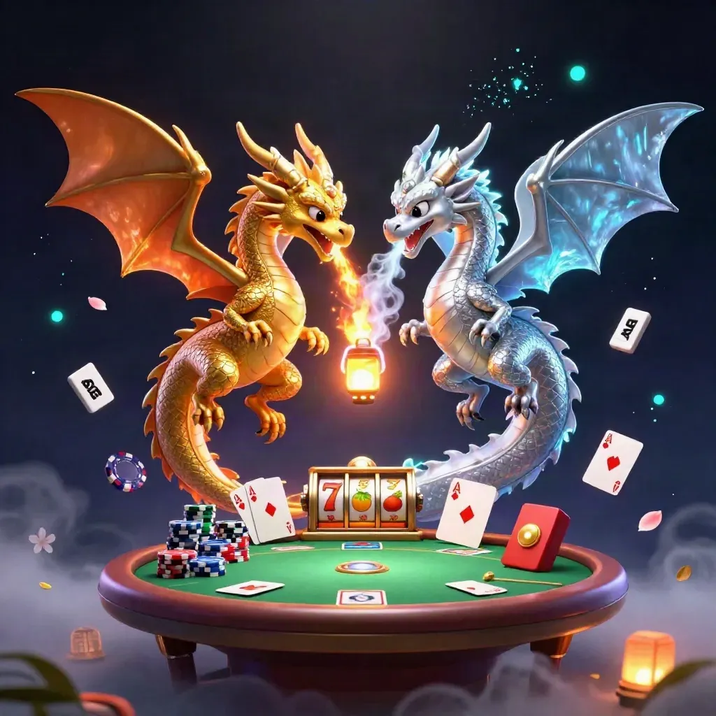 Twin dragons spiral around a glowing lantern spirit amid casino chips, cards, reels, and neon sparks.