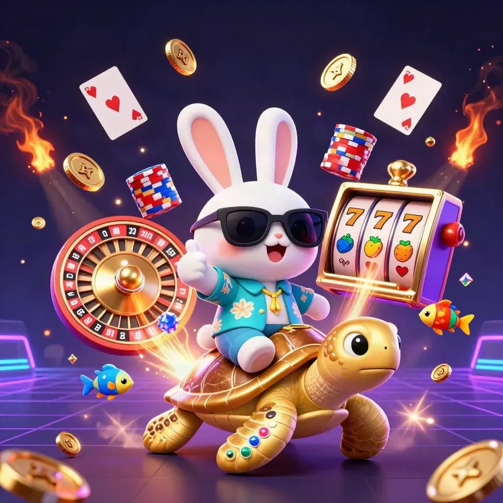Cartoon rabbit rides a golden sea turtle amid coins, chips, cards, and neon casino glow.