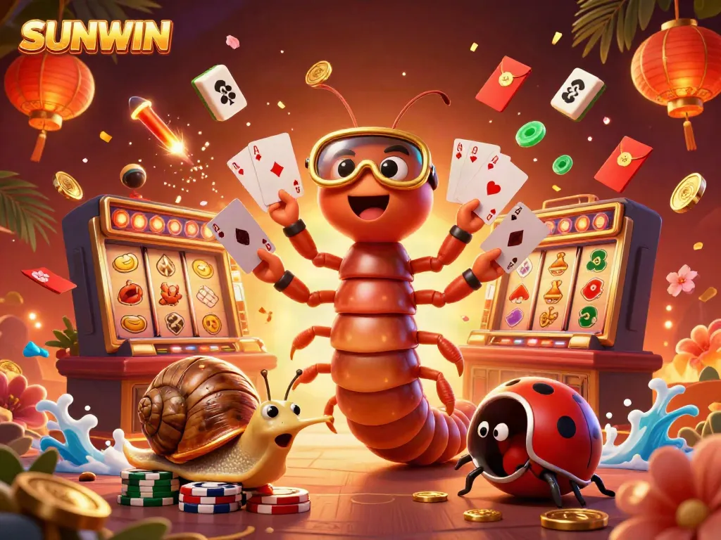 Experience thrilling wins at SUNWIN with a unique 3D casino illustration featuring vibrant characters and game elements.