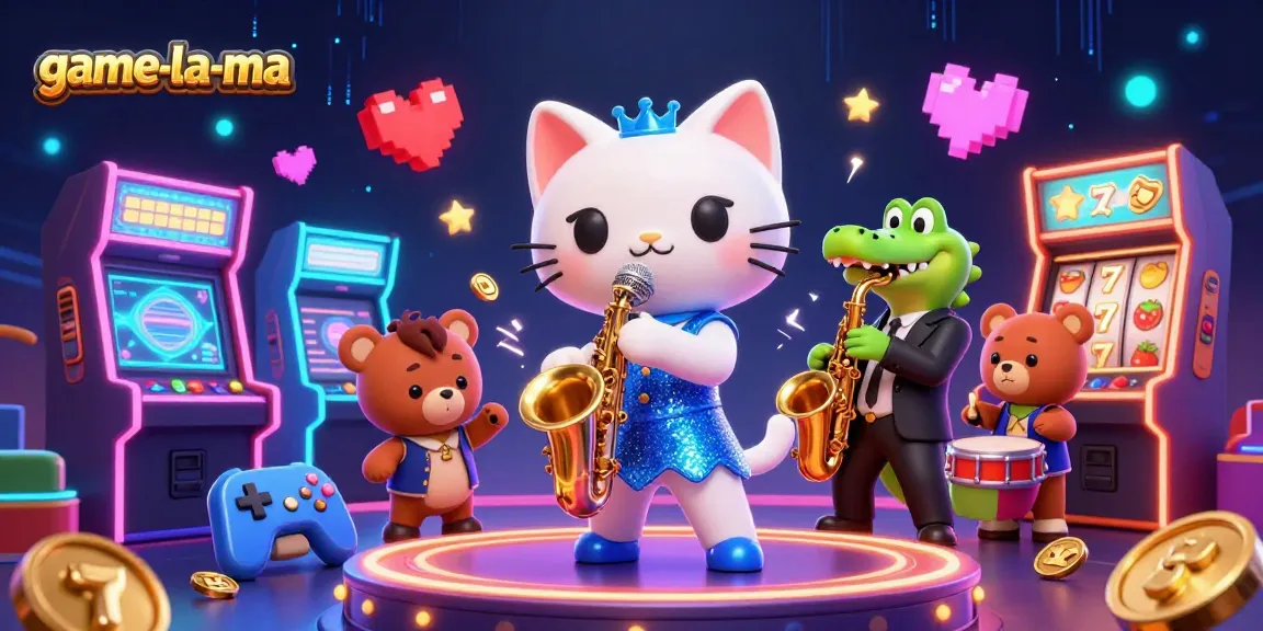 Experience the excitement of game-la-ma in this vibrant casino-themed illustration featuring a singing cat.