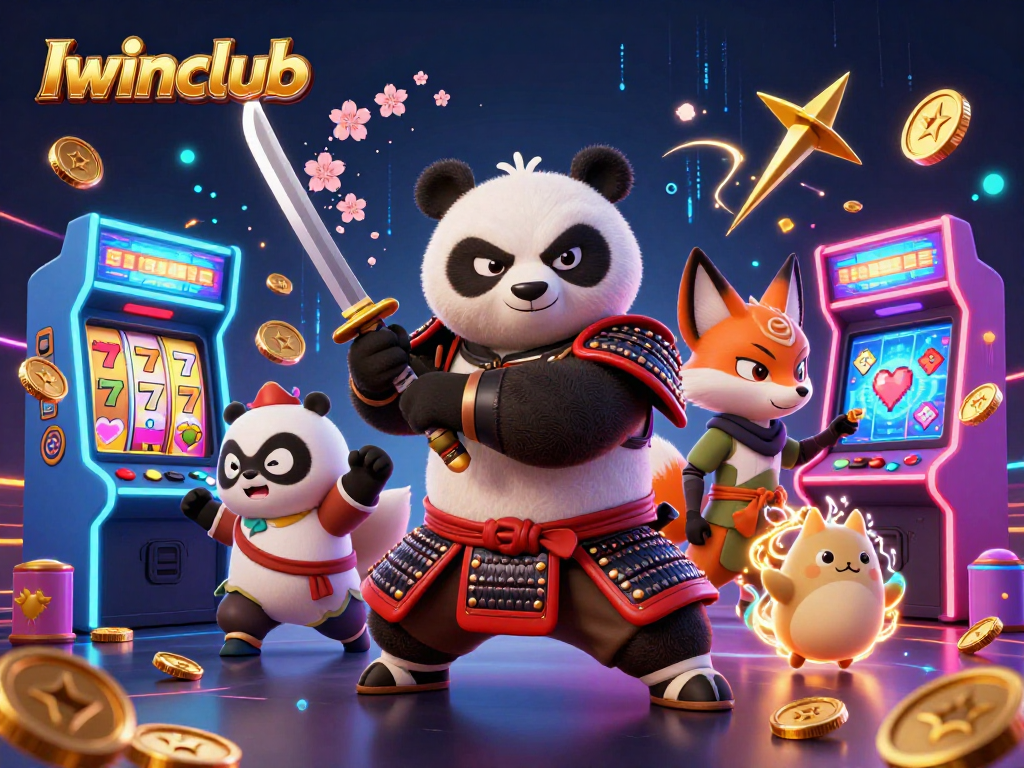 Iwinclub showcases an enchanting 3D casino scene with cartoon characters and vibrant slot reels.