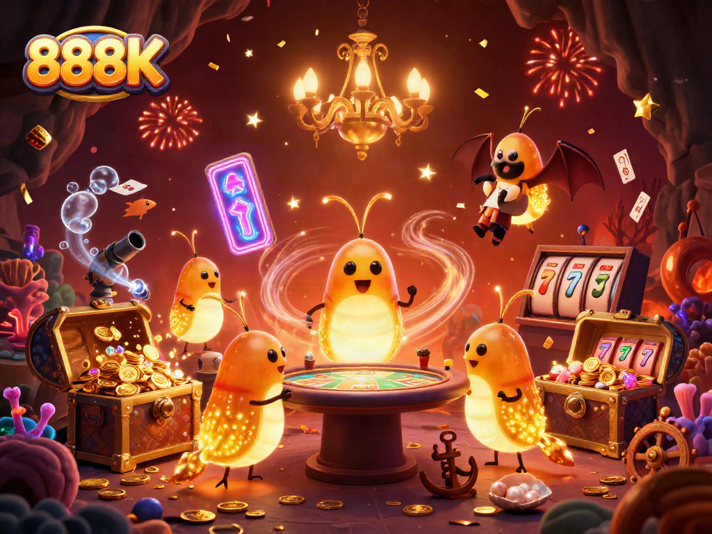 Experience thrilling gameplay at 888K with bioluminescent glowworms lighting the casino