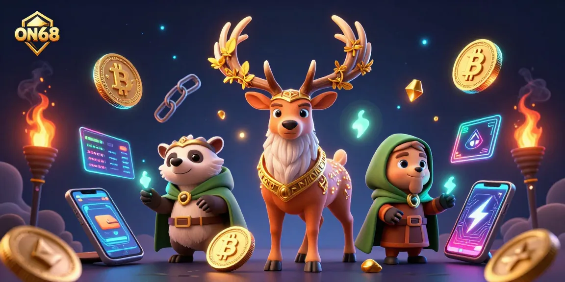 Engage in thrilling gaming at ON68 with vibrant characters and crypto elements.
