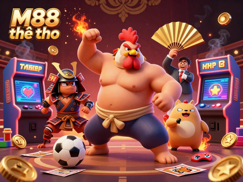 Hình ảnh M88 thể thao với gà sumo và côn trùng chiến đấu trong một không gian thể thao đầy màu sắc.