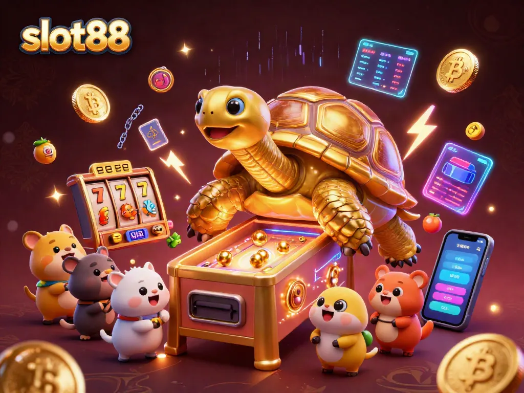 Bermain slot88 dengan kura-kura emas raksasa yang berfungsi sebagai mesin pinball, diapit simbol slot berkilau.
