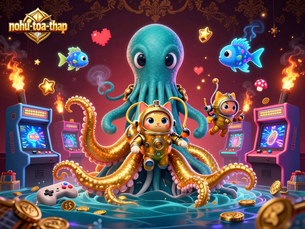 Nohu-toa-thap showcases an epic gaming scene featuring a kraken, diving cat, and vibrant arcade machines.