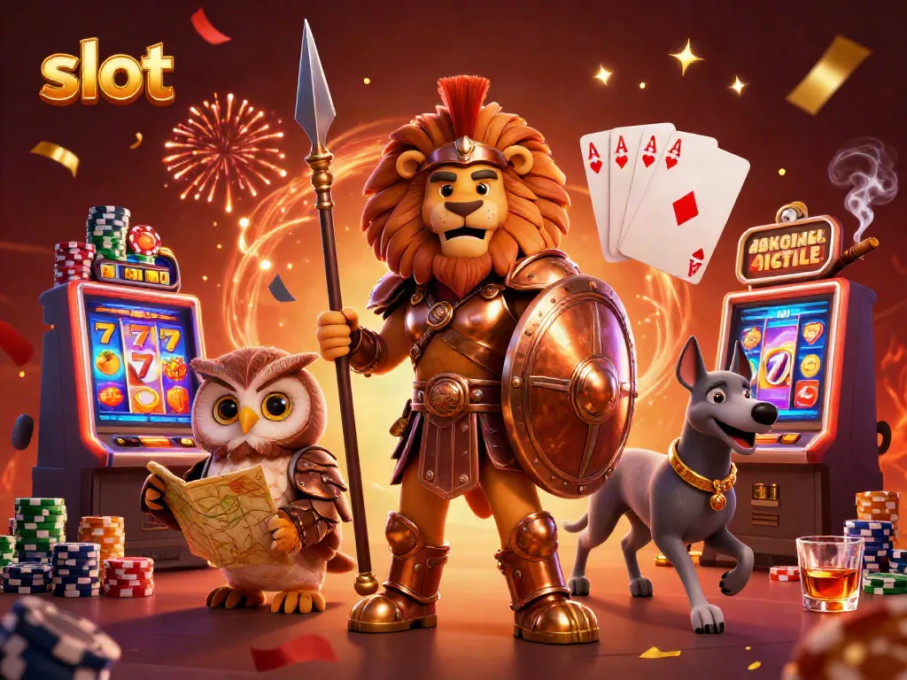 Experience the thrill of slot machines with a vibrant scene featuring a Spartan lion, wise owl, and swift greyhound.