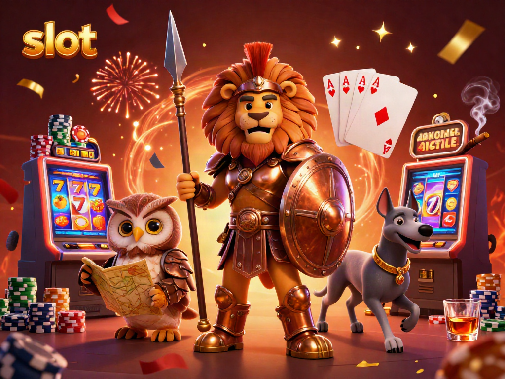 Experience the thrill of slot machines with a vibrant scene featuring a Spartan lion, wise owl, and swift greyhound.