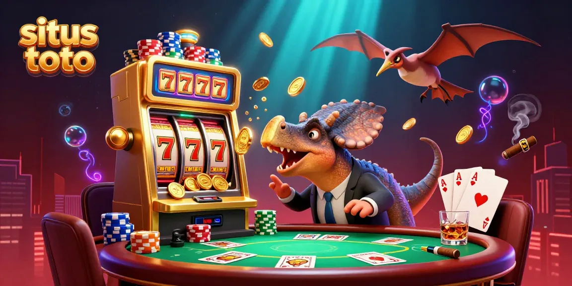 Situs toto illustrated scene with dinosaurs celebrating a slot machine jackpot in a vibrant casino setting.
