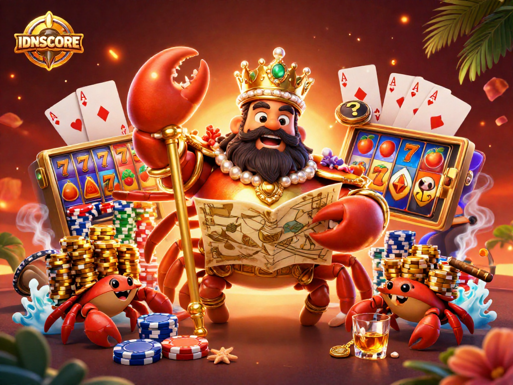 Experience IDNSCORE's vibrant slots with a golden crab emperor amongst winnings and excitement