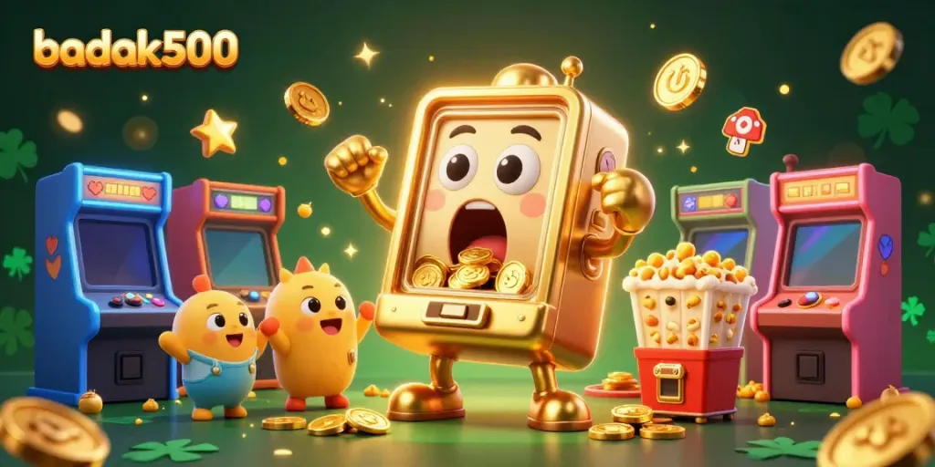 Mesin slot badak500 mengeluarkan koin saat jackpot, disertai aksi ceria dari mesin kecil dan mesin popcorn.