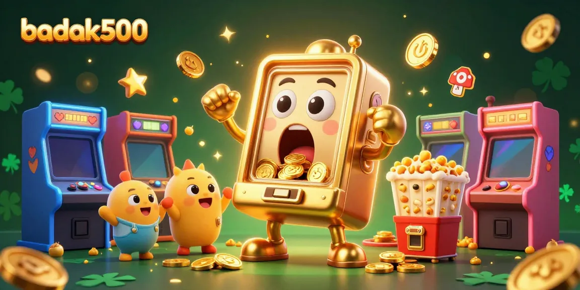 Mesin slot badak500 mengeluarkan koin saat jackpot, disertai aksi ceria dari mesin kecil dan mesin popcorn.