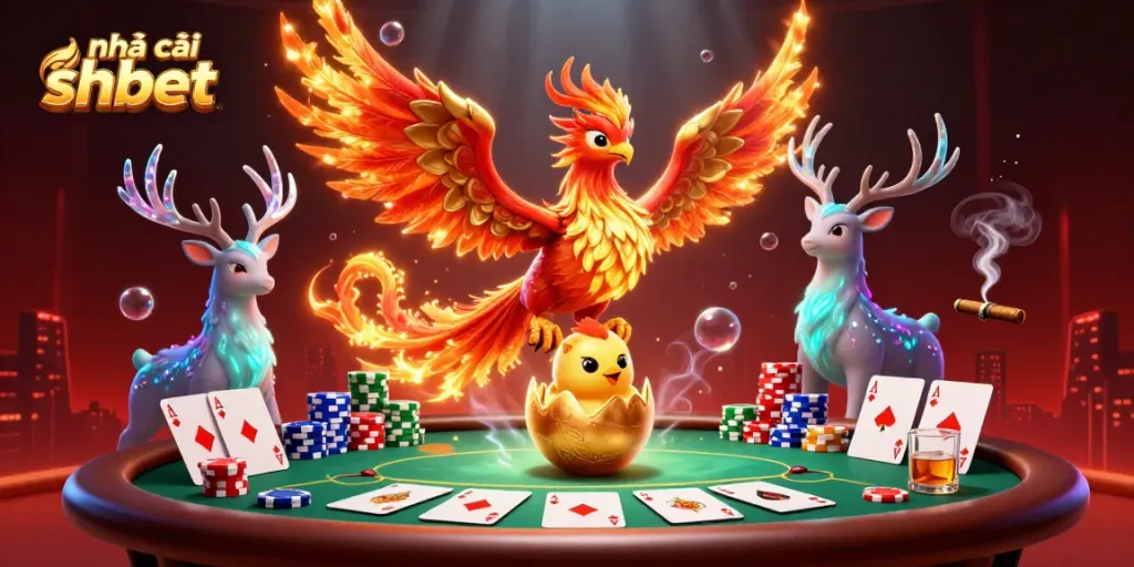 Engage with the vibrant scene where nhà cái shbet offers thrilling gambling experiences, featuring a phoenix and poker elements.