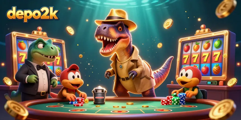 Experience thrilling jackpots at depo2k with vibrant slot reels and playful dinosaur characters.