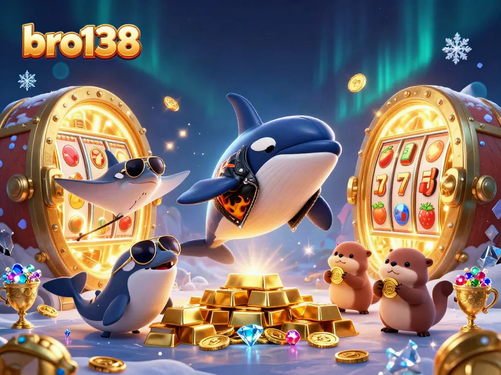 Experience bro138 with exciting jackpots and slot reels in a fun 3D gambling scene illustration.