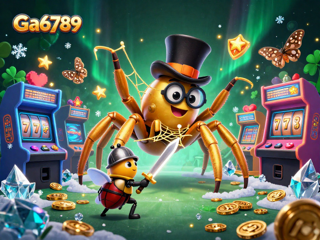 Engage with Ga6789's vibrant casino world featuring a golden tarantula and beetle knight.
