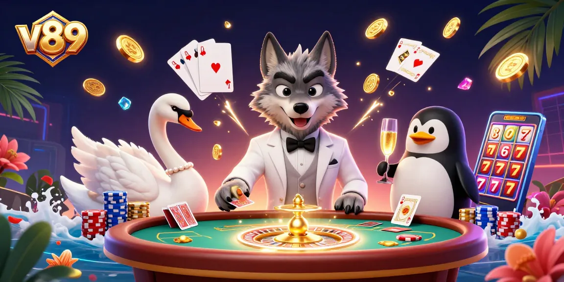 Menangkan kesempatan v89 dengan ilustrasi kasino 3D menampilkan permainan kartu dan kekayaan bersinar.