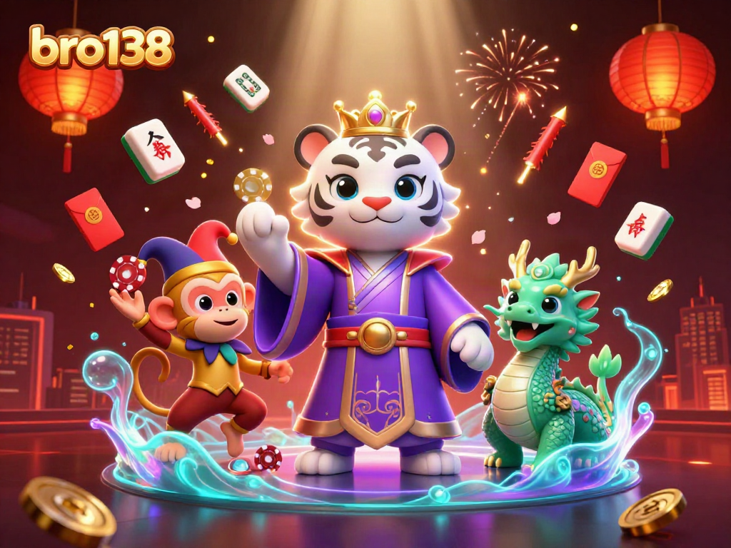 Engage in exciting gaming with bro138, featuring a white tiger and a jester monkey enjoying vibrant casino elements.